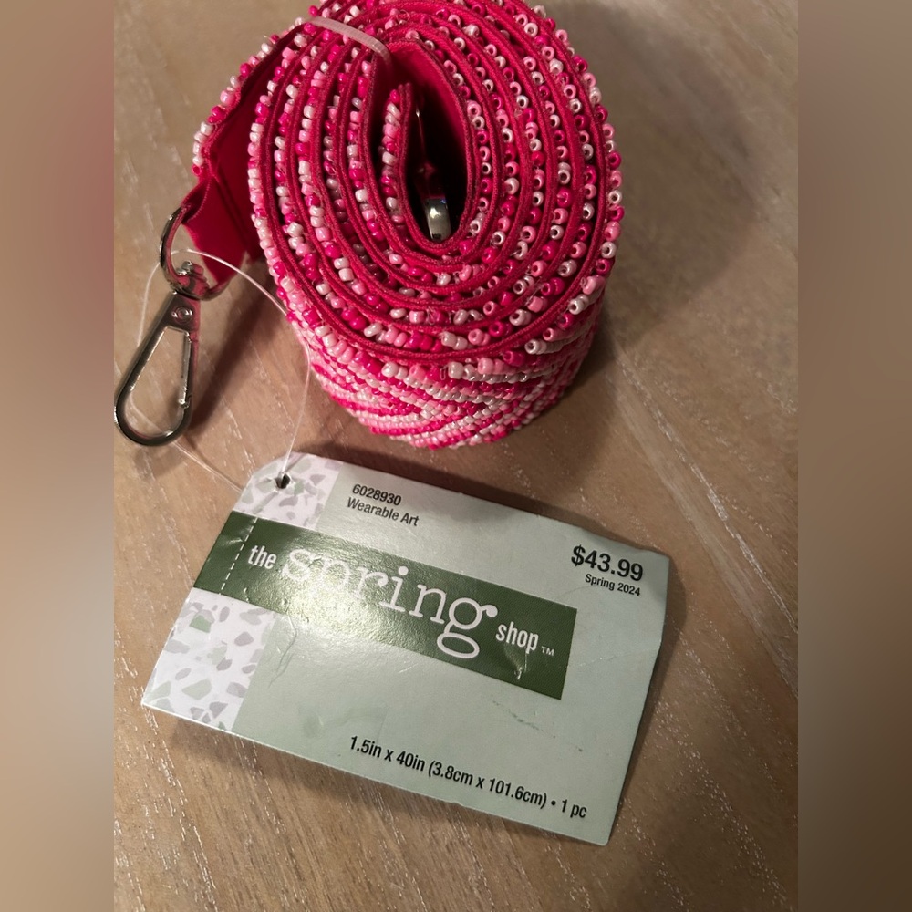Beaded Wearable Art Strap Womens Pink White 40" x 1.5" Wearable Art V Pattern.